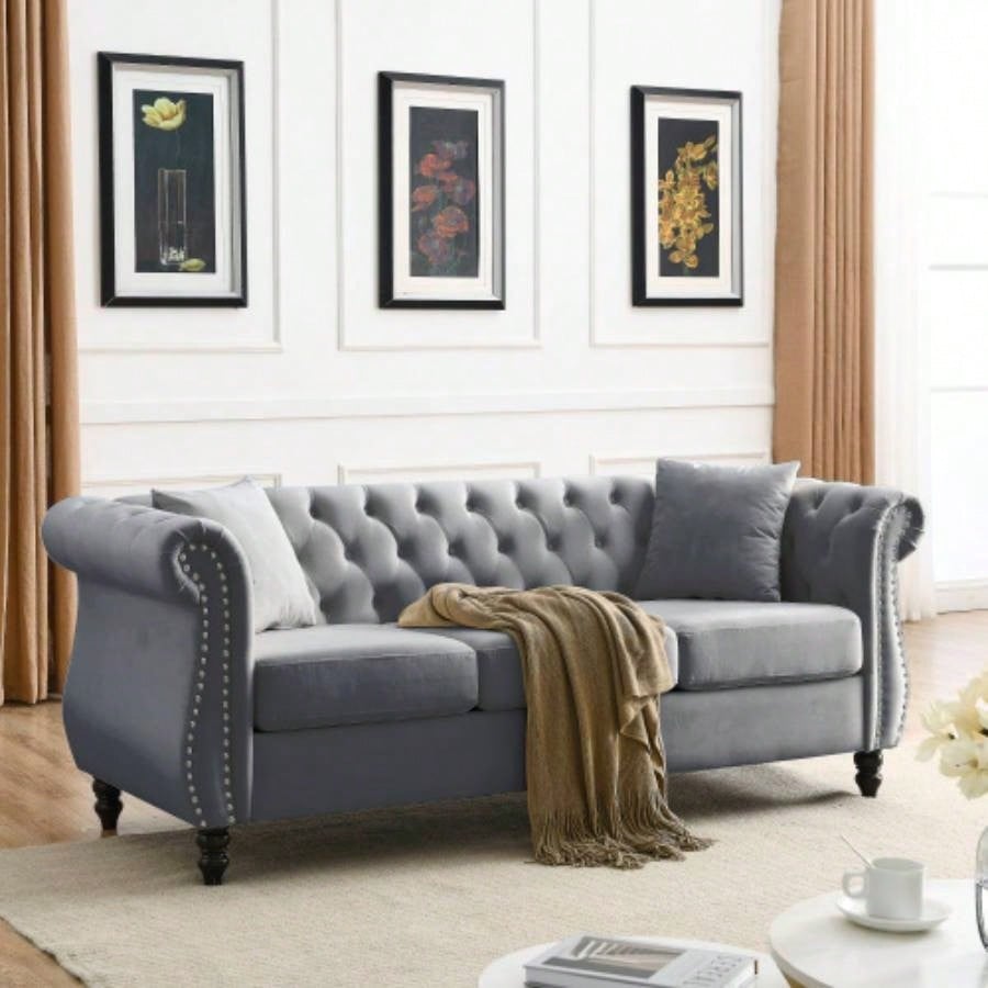 58.8 Chesterfield Sofa Velvet Living Room, 2 Seater Sofa Tufted Couch with Rolled Arms and Nailhead Living Room, Bedroom, Office, Apartment, two pillowsW834S00069
