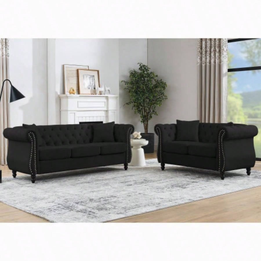 58.8 Chesterfield Sofa Velvet Living Room, 2 Seater Sofa Tufted Couch with Rolled Arms and Nailhead Living Room, Bedroom, Office, Apartment, two pillowsW834S00069