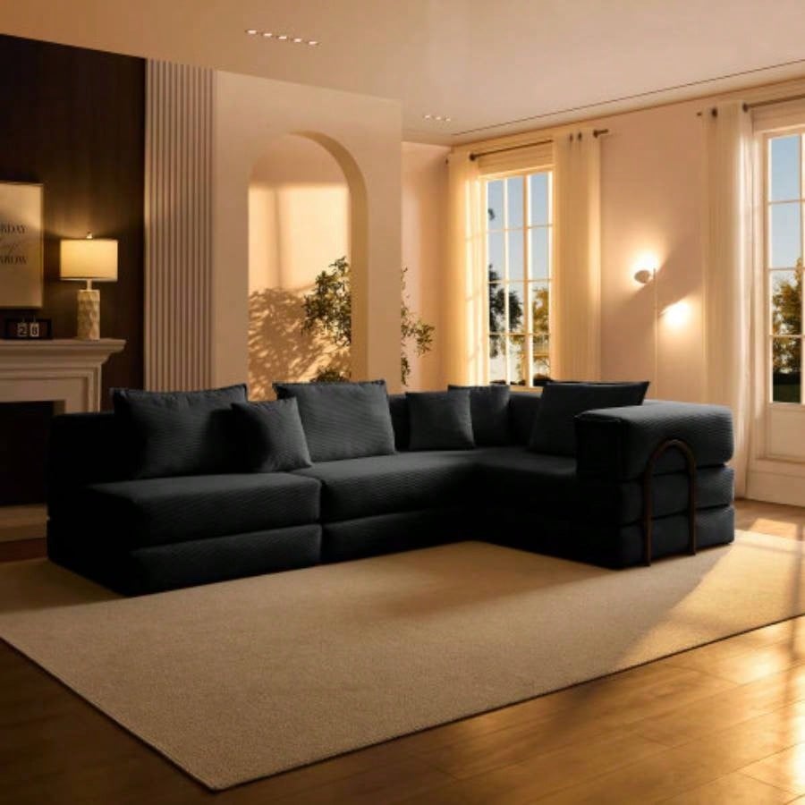 Oversized Upholstered Sectional Sofa Couch Set, Modular 118.2 L Shaped Floor Living Room Sofa Set With 6 Pillows, Combination Sofa Couch living rooms, apartments, bedrooms, Black