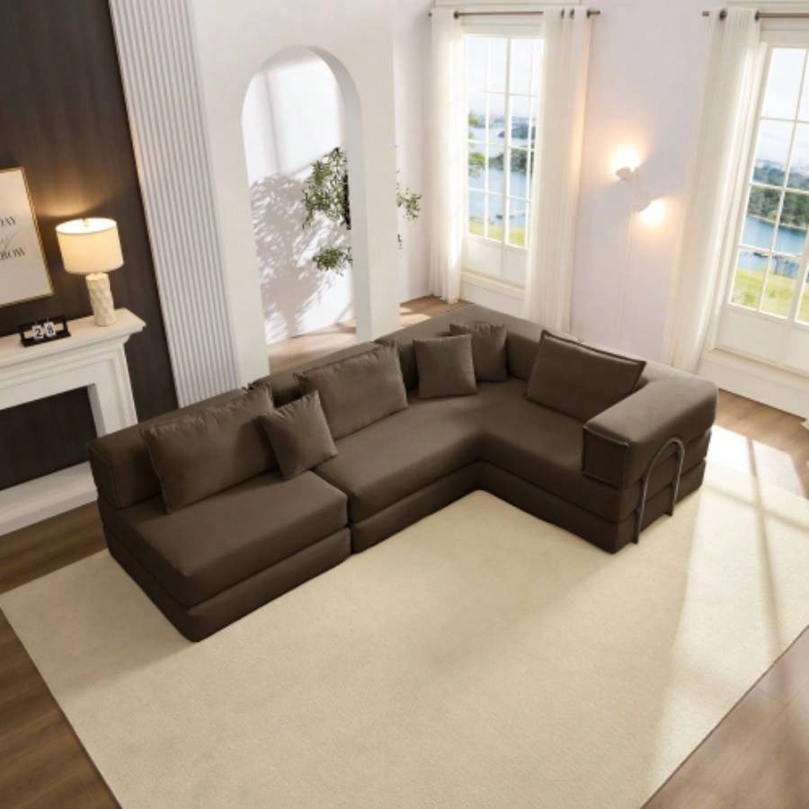 Oversized Upholstered Sectional Sofa Couch Set, Modular 118.2 L Shaped Floor Living Room Sofa Set With 6 Pillows, Combination Sofa Couch living rooms, apartments, bedrooms, Black