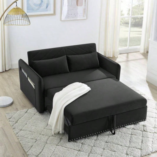 MH Sleeper Sofa Bed/USB Port, 3 - in - 1 adjustable sleeper with pull - out bed, 2 lumbar pillows and side pocket, soft velvet convertible sleeper sofa bed, suitable living room bedroom