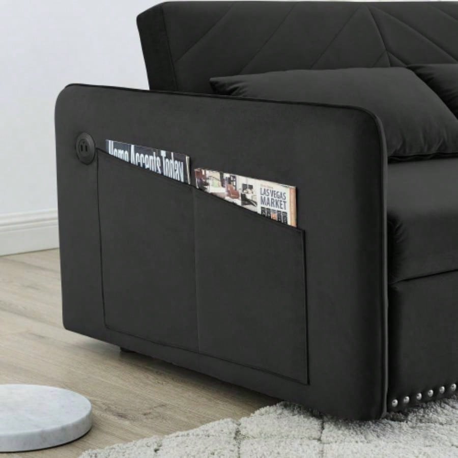 MH Sleeper Sofa Bed/USB Port, 3 - in - 1 adjustable sleeper with pull - out bed, 2 lumbar pillows and side pocket, soft velvet convertible sleeper sofa bed, suitable living room bedroom