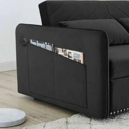 MH Sleeper Sofa Bed/USB Port, 3 - in - 1 adjustable sleeper with pull - out bed, 2 lumbar pillows and side pocket, soft velvet convertible sleeper sofa bed, suitable living room bedroom