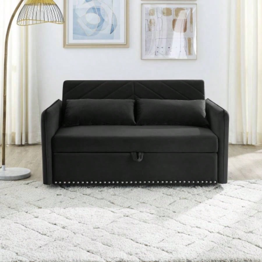 MH Sleeper Sofa Bed/USB Port, 3 - in - 1 adjustable sleeper with pull - out bed, 2 lumbar pillows and side pocket, soft velvet convertible sleeper sofa bed, suitable living room bedroom