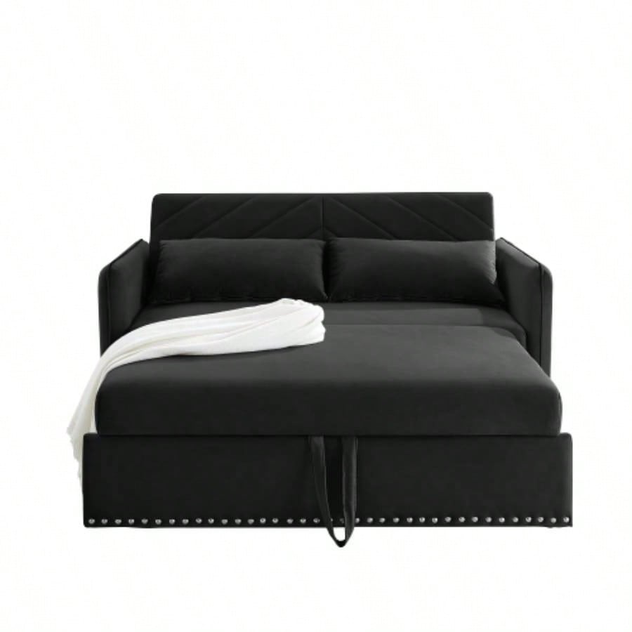 MH Sleeper Sofa Bed/USB Port, 3 - in - 1 adjustable sleeper with pull - out bed, 2 lumbar pillows and side pocket, soft velvet convertible sleeper sofa bed, suitable living room bedroom