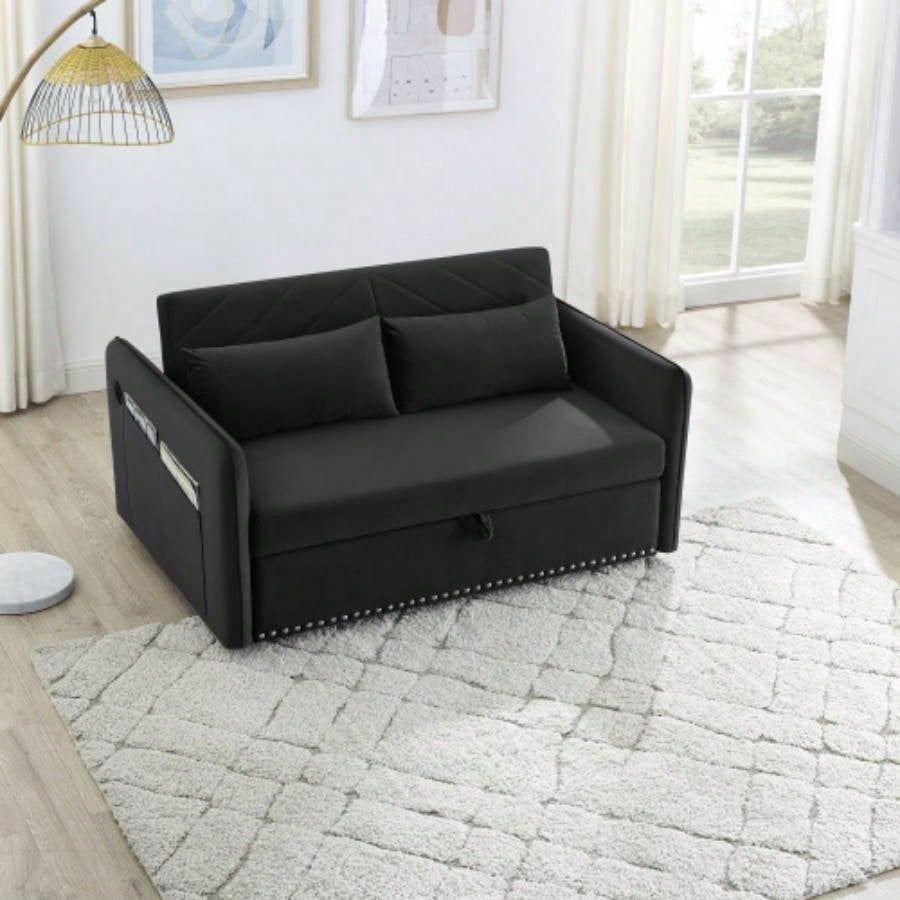MH Sleeper Sofa Bed/USB Port, 3 - in - 1 adjustable sleeper with pull - out bed, 2 lumbar pillows and side pocket, soft velvet convertible sleeper sofa bed, suitable living room bedroom