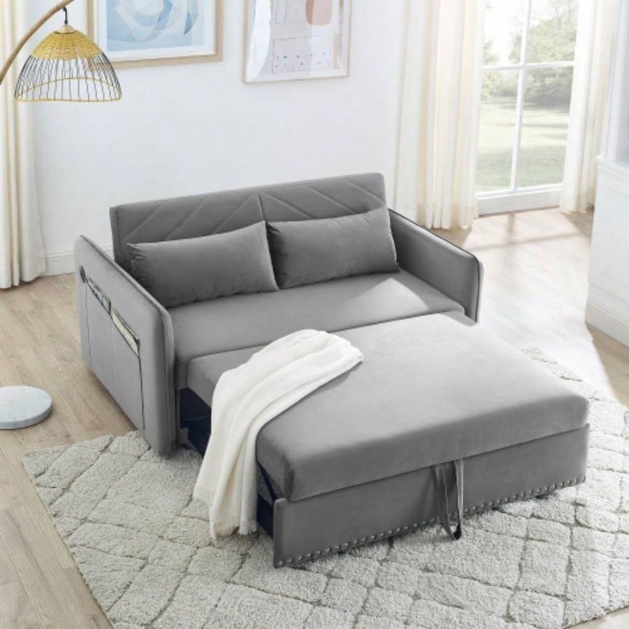 MH Sleeper Sofa Bed/USB Port, 3 - in - 1 adjustable sleeper with pull - out bed, 2 lumbar pillows and side pocket, soft velvet convertible sleeper sofa bed, suitable living room bedroom