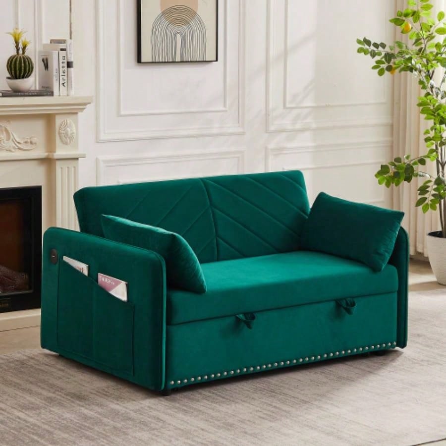 MH Sleeper Sofa Bed/USB Port, 3 - in - 1 adjustable sleeper with pull - out bed, 2 lumbar pillows and side pocket, soft velvet convertible sleeper sofa bed, suitable living room bedroom
