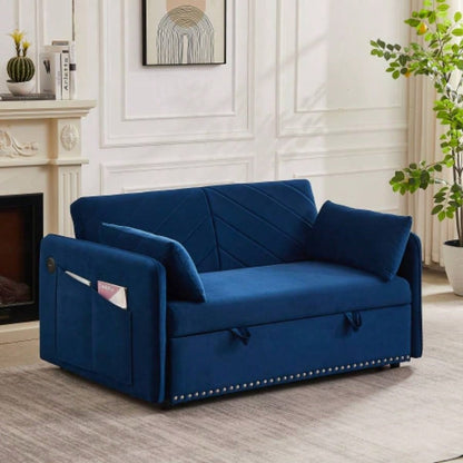 MH Sleeper Sofa Bed/USB Port, 3 - in - 1 adjustable sleeper with pull - out bed, 2 lumbar pillows and side pocket, soft velvet convertible sleeper sofa bed, suitable living room bedroom