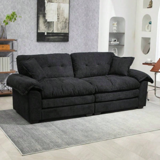 84 Chenille Sofa Small Sofa Loveseat Deep Sofa Couch with 2 Throw Pillows Foam Living Room Apartment Office Lounge - Black