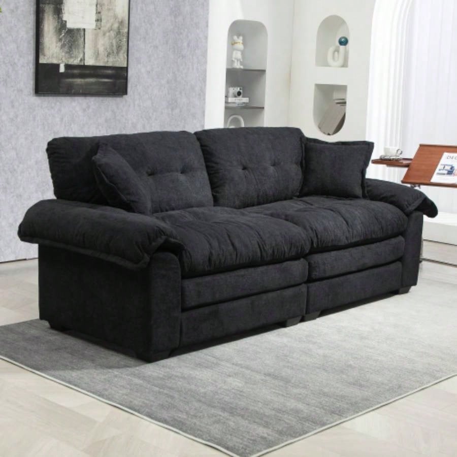 84 Chenille Sofa Small Sofa Loveseat Deep Sofa Couch with 2 Throw Pillows Foam Living Room Apartment Office Lounge - Black