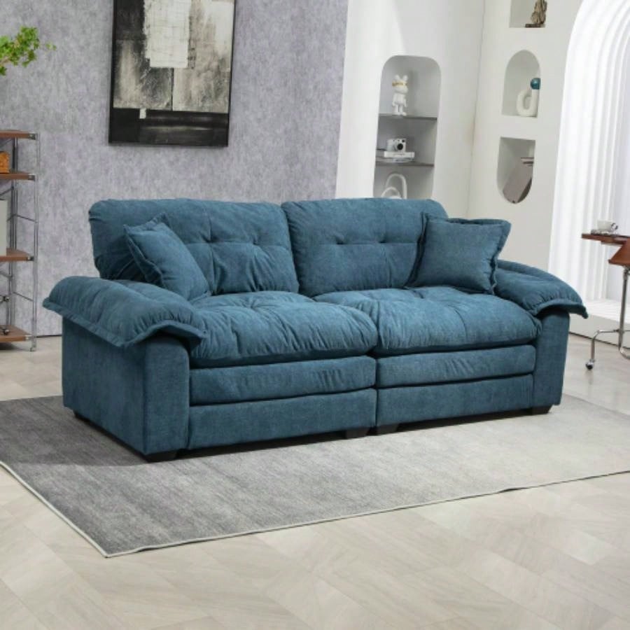 84 Chenille Sofa Small Sofa Loveseat Deep Sofa Couch with 2 Throw Pillows Foam Living Room Apartment Office Lounge - Black