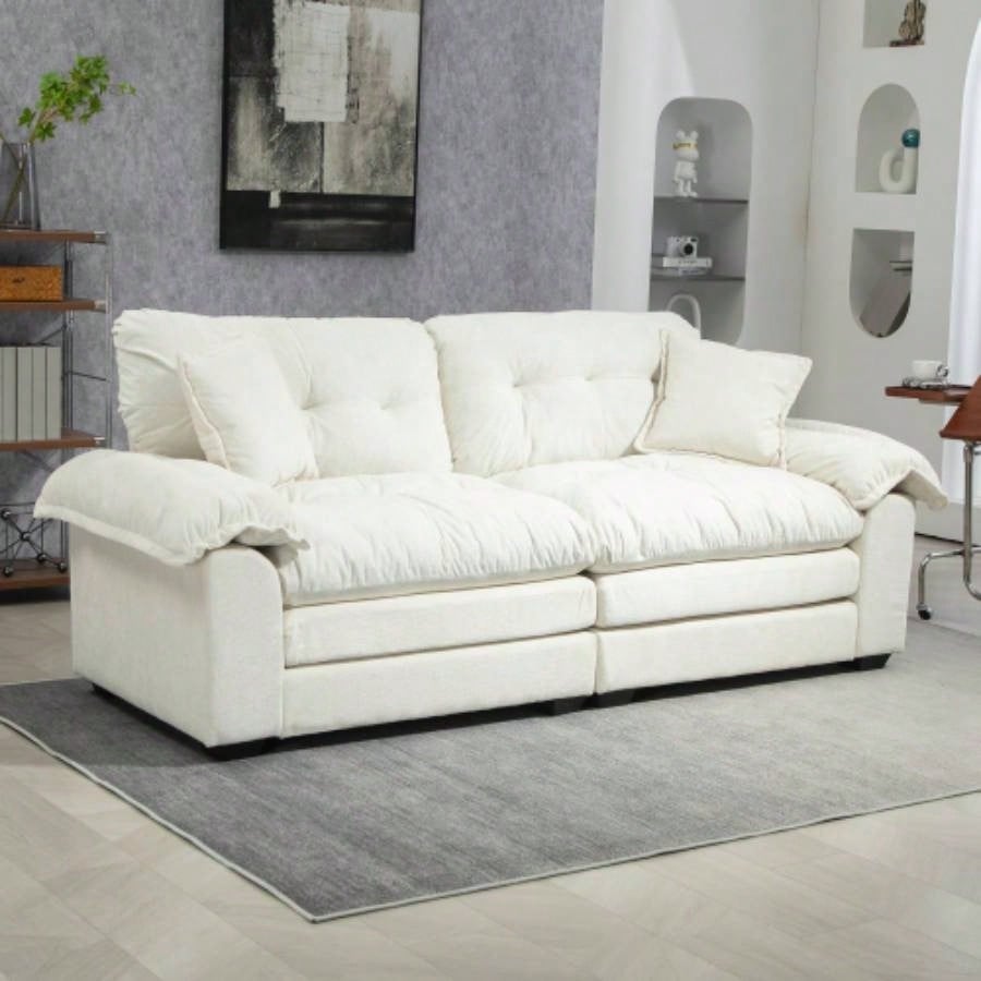 84 Chenille Sofa Small Sofa Loveseat Deep Sofa Couch with 2 Throw Pillows Foam Living Room Apartment Office Lounge - Black