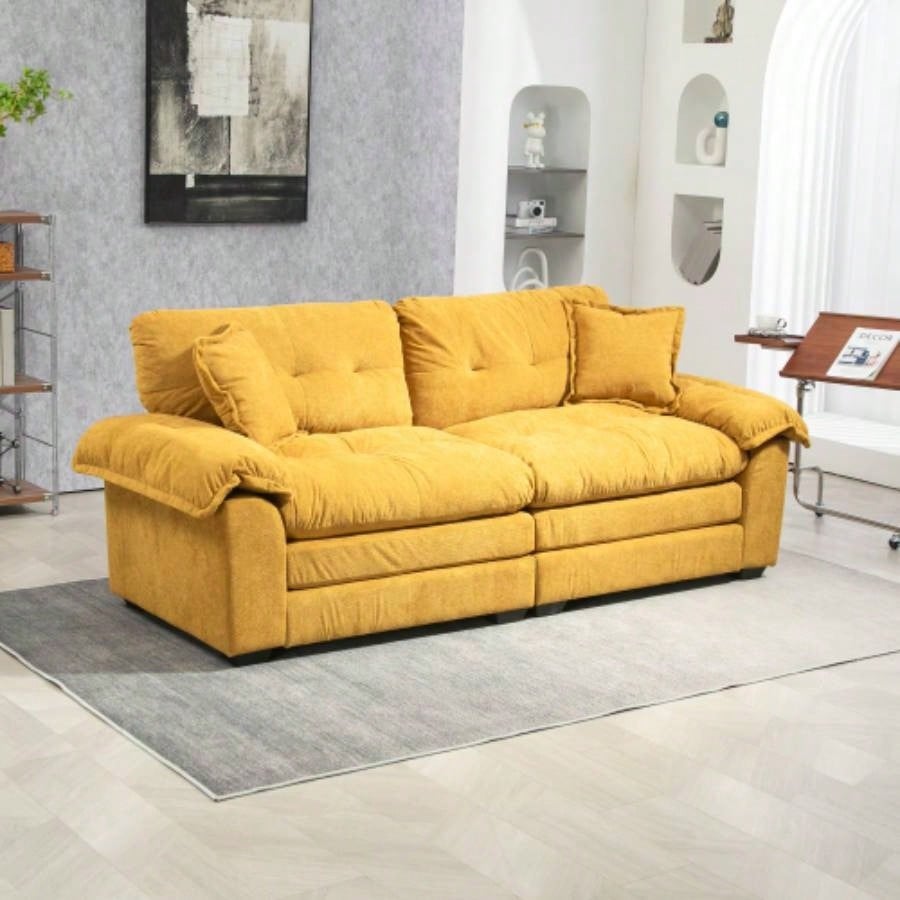 84 Chenille Sofa Small Sofa Loveseat Deep Sofa Couch with 2 Throw Pillows Foam Living Room Apartment Office Lounge - Black