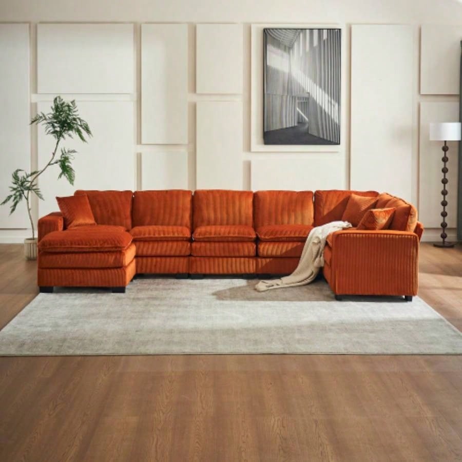 Modern U Shaped 6 - Sectional Sofa Couch with one Ottoman and three toss pillows, Modular Sofa Living Room, Corduroy sofa