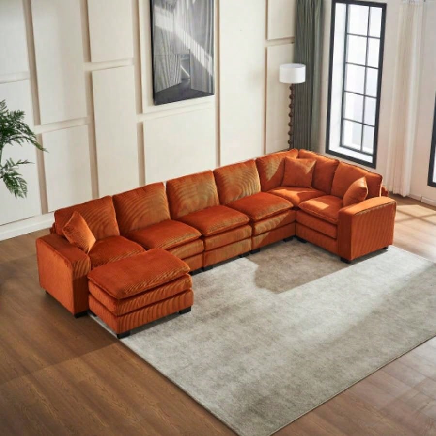 Modern U Shaped 6 - Sectional Sofa Couch with one Ottoman and three toss pillows, Modular Sofa Living Room, Corduroy sofa