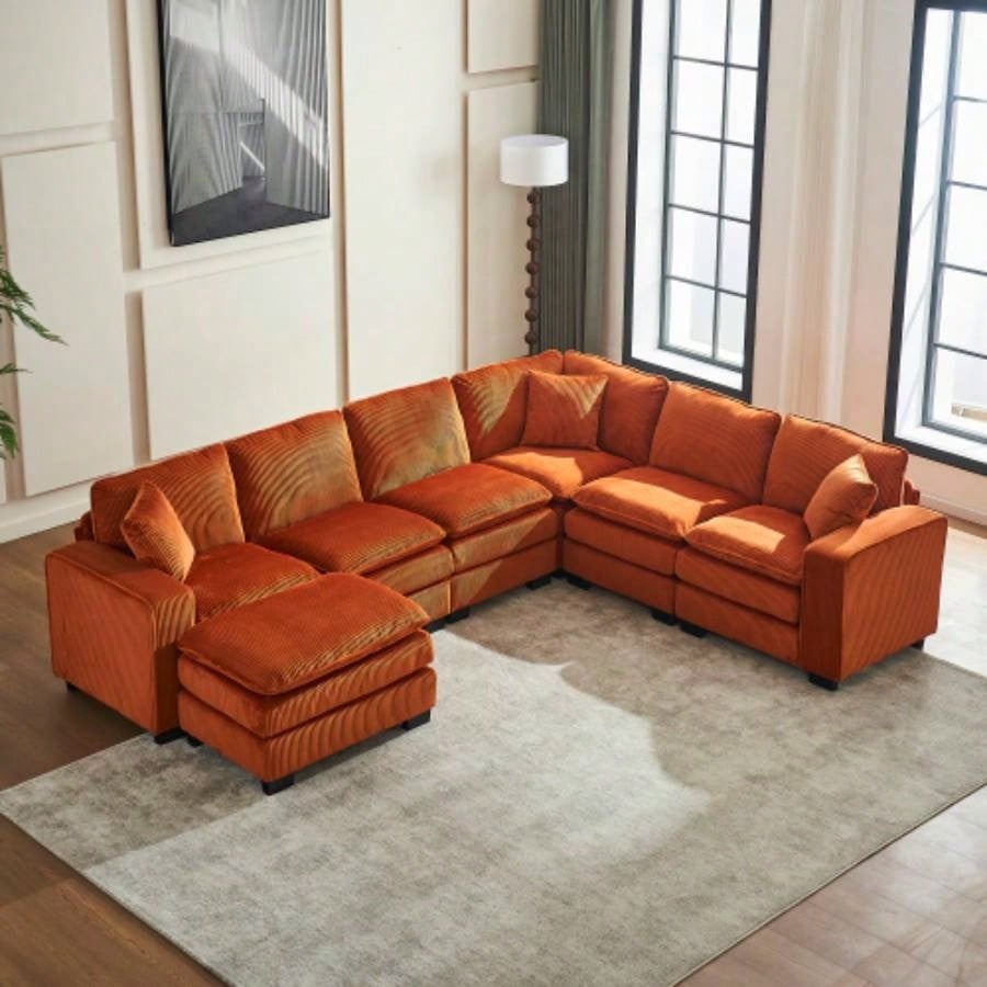 Modern U Shaped 6 - Sectional Sofa Couch with one Ottoman and three toss pillows, Modular Sofa Living Room, Corduroy sofa