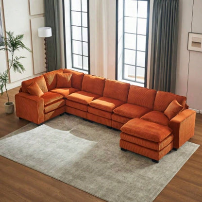 Modern U Shaped 6 - Sectional Sofa Couch with one Ottoman and three toss pillows, Modular Sofa Living Room, Corduroy sofa