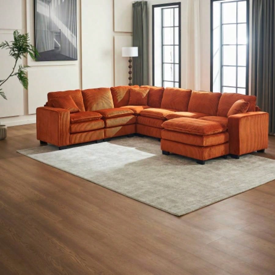 Modern U Shaped 6 - Sectional Sofa Couch with one Ottoman and three toss pillows, Modular Sofa Living Room, Corduroy sofa