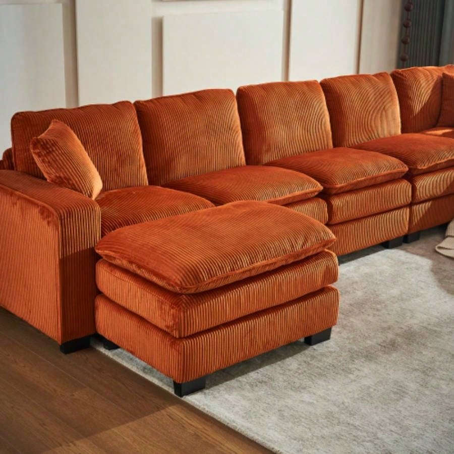 Modern U Shaped 6 - Sectional Sofa Couch with one Ottoman and three toss pillows, Modular Sofa Living Room, Corduroy sofa