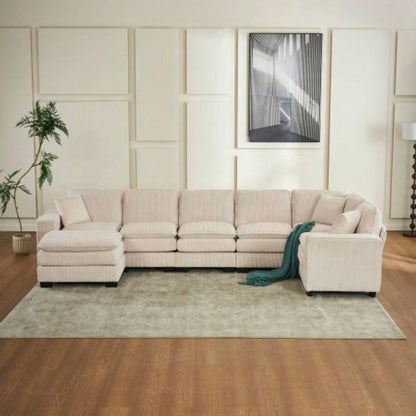Modern U Shaped 6 - Sectional Sofa Couch with one Ottoman and three toss pillows, Modular Sofa Living Room, Corduroy sofa