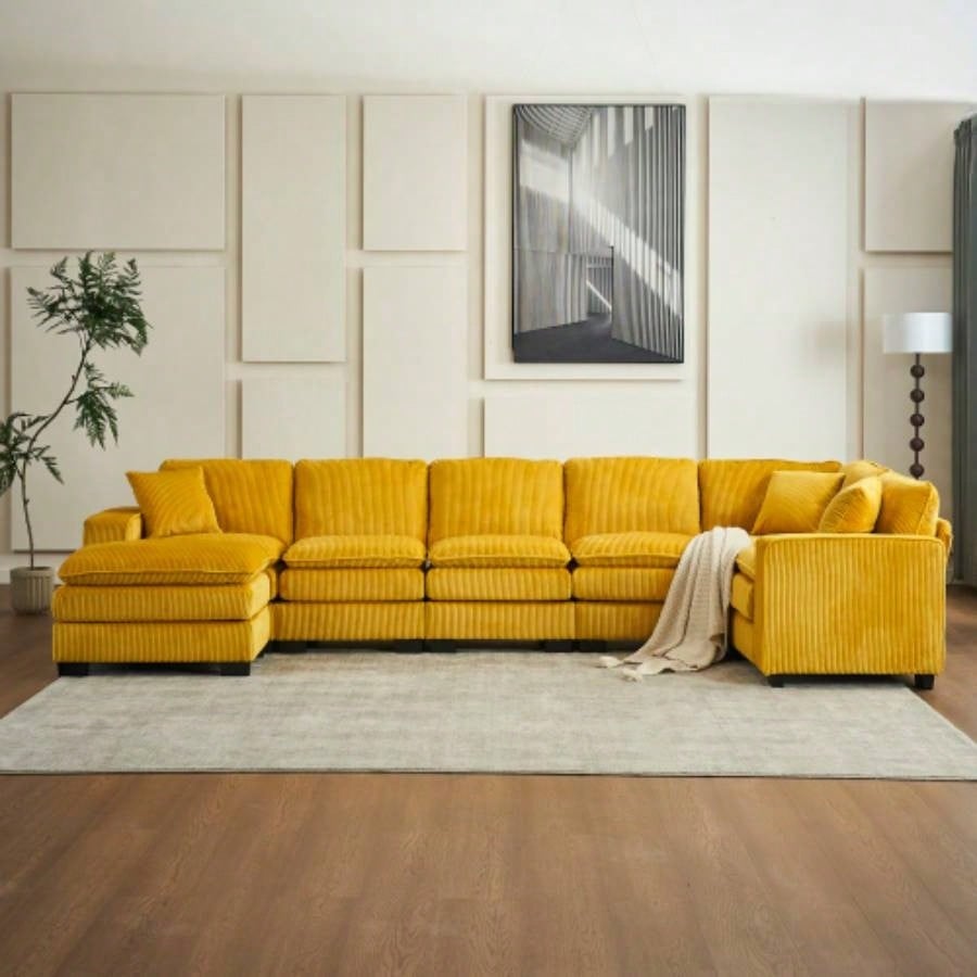 Modern U Shaped 6 - Sectional Sofa Couch with one Ottoman and three toss pillows, Modular Sofa Living Room, Corduroy sofa