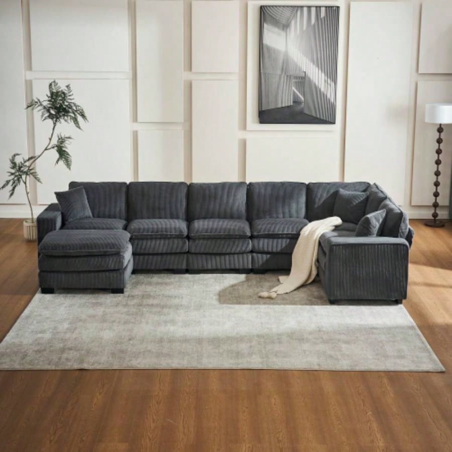 Modern U Shaped 6 - Sectional Sofa Couch with one Ottoman and three toss pillows, Modular Sofa Living Room, Corduroy sofa