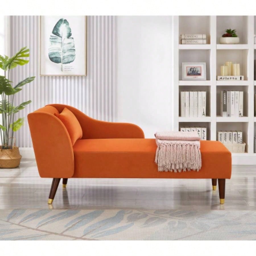 Modern Chaise Lounge Chair Velvet Upholstery Orange