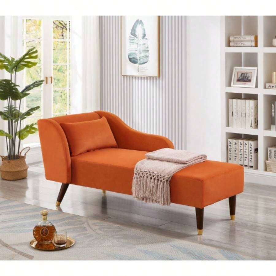 Modern Chaise Lounge Chair Velvet Upholstery Orange
