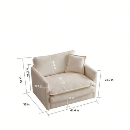 Comfy Deep Single Sofa Upholstered Reading Armchair Living Room Chair Beige Chenille Fabric, 1 Toss Pillow