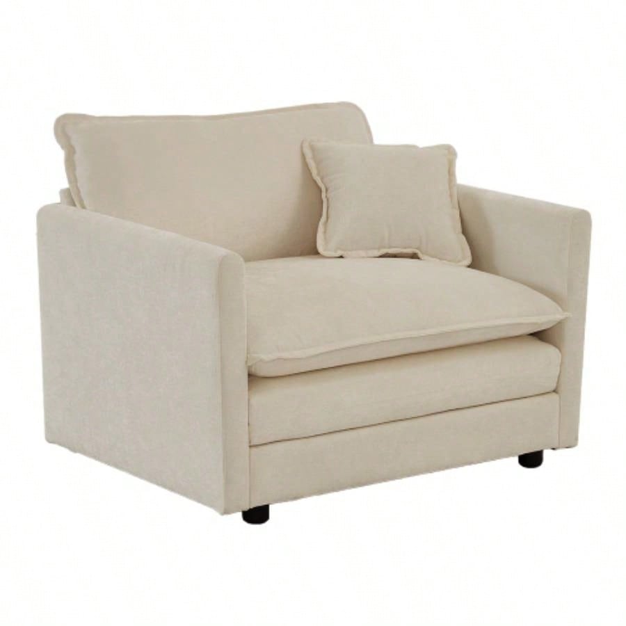 Comfy Deep Single Sofa Upholstered Reading Armchair Living Room Chair Beige Chenille Fabric, 1 Toss Pillow