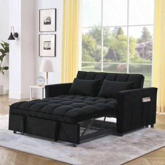 Sleeper Sofa, Convertible Sofa, Recliner, Bed, 3 - in - 1, 3 - Position Adjustable Backrest, 2 - Seater Sectional, Two Side Pockets, 2 Pillows Living Room, Apartment, etc. Velvet Black 54 Wide.