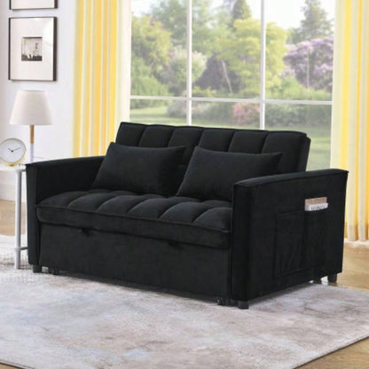 Sleeper Sofa, Convertible Sofa, Recliner, Bed, 3 - in - 1, 3 - Position Adjustable Backrest, 2 - Seater Sectional, Two Side Pockets, 2 Pillows Living Room, Apartment, etc. Velvet Black 54 Wide.