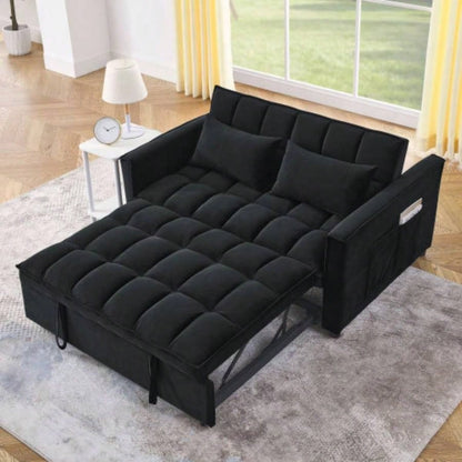 Sleeper Sofa, Convertible Sofa, Recliner, Bed, 3 - in - 1, 3 - Position Adjustable Backrest, 2 - Seater Sectional, Two Side Pockets, 2 Pillows Living Room, Apartment, etc. Velvet Black 54 Wide.