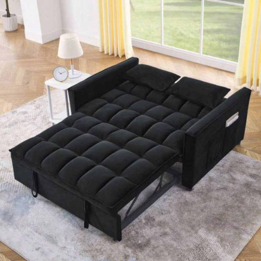 Sleeper Sofa, Convertible Sofa, Recliner, Bed, 3 - in - 1, 3 - Position Adjustable Backrest, 2 - Seater Sectional, Two Side Pockets, 2 Pillows Living Room, Apartment, etc. Velvet Black 54 Wide.