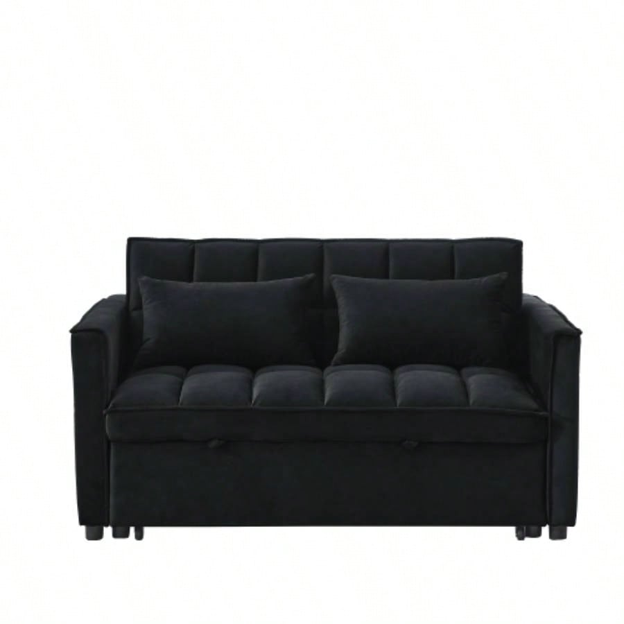 Sleeper Sofa, Convertible Sofa, Recliner, Bed, 3 - in - 1, 3 - Position Adjustable Backrest, 2 - Seater Sectional, Two Side Pockets, 2 Pillows Living Room, Apartment, etc. Velvet Black 54 Wide.