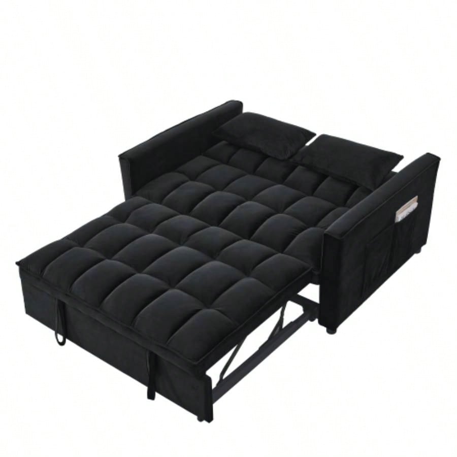 Sleeper Sofa, Convertible Sofa, Recliner, Bed, 3 - in - 1, 3 - Position Adjustable Backrest, 2 - Seater Sectional, Two Side Pockets, 2 Pillows Living Room, Apartment, etc. Velvet Black 54 Wide.