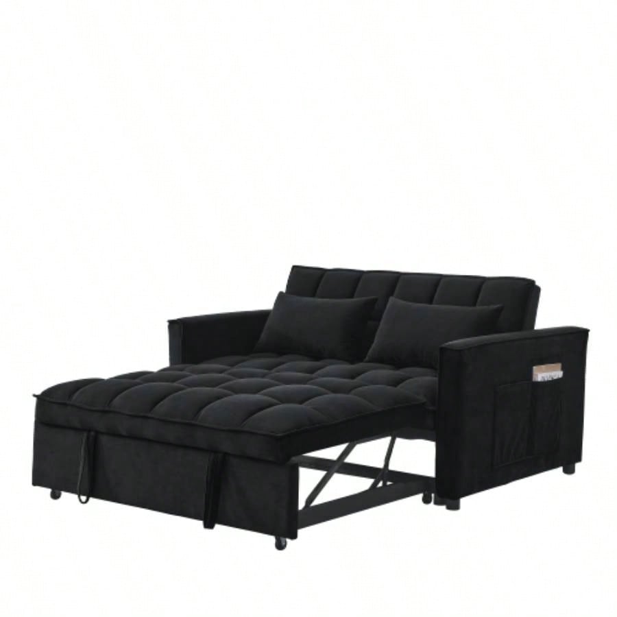 Sleeper Sofa, Convertible Sofa, Recliner, Bed, 3 - in - 1, 3 - Position Adjustable Backrest, 2 - Seater Sectional, Two Side Pockets, 2 Pillows Living Room, Apartment, etc. Velvet Black 54 Wide.