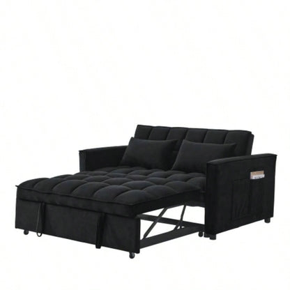 Sleeper Sofa, Convertible Sofa, Recliner, Bed, 3 - in - 1, 3 - Position Adjustable Backrest, 2 - Seater Sectional, Two Side Pockets, 2 Pillows Living Room, Apartment, etc. Velvet Black 54 Wide.