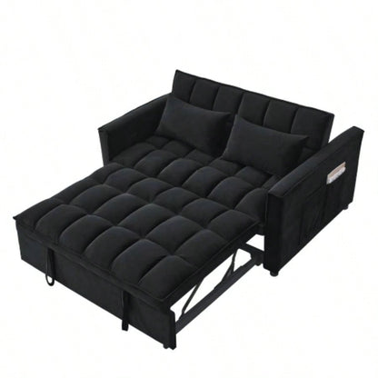 Sleeper Sofa, Convertible Sofa, Recliner, Bed, 3 - in - 1, 3 - Position Adjustable Backrest, 2 - Seater Sectional, Two Side Pockets, 2 Pillows Living Room, Apartment, etc. Velvet Black 54 Wide.