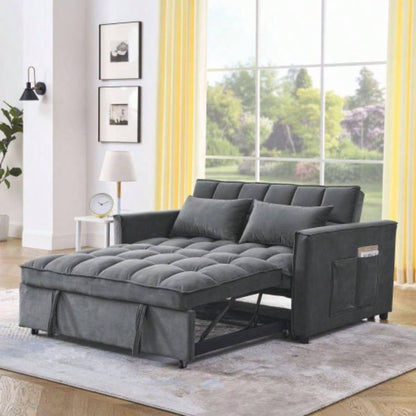 Sleeper Sofa, Convertible Sofa, Recliner, Bed, 3 - in - 1, 3 - Position Adjustable Backrest, 2 - Seater Sectional, Two Side Pockets, 2 Pillows Living Room, Apartment, etc. Velvet Black 54 Wide.