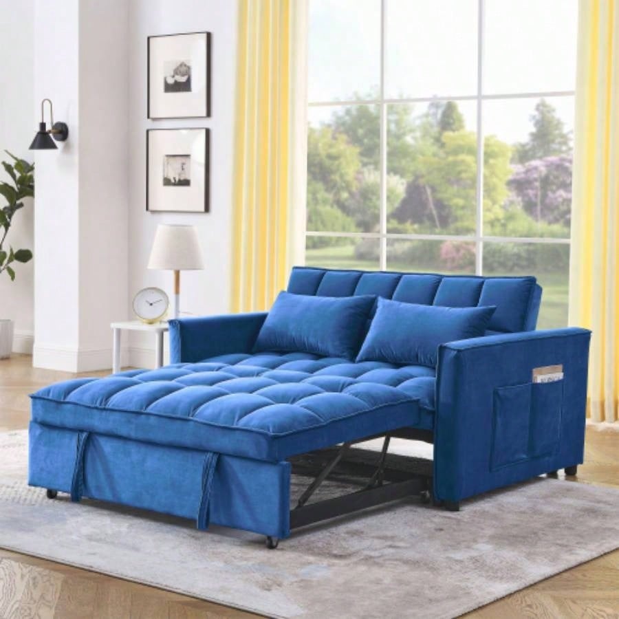 Sleeper Sofa, Convertible Sofa, Recliner, Bed, 3 - in - 1, 3 - Position Adjustable Backrest, 2 - Seater Sectional, Two Side Pockets, 2 Pillows Living Room, Apartment, etc. Velvet Black 54 Wide.