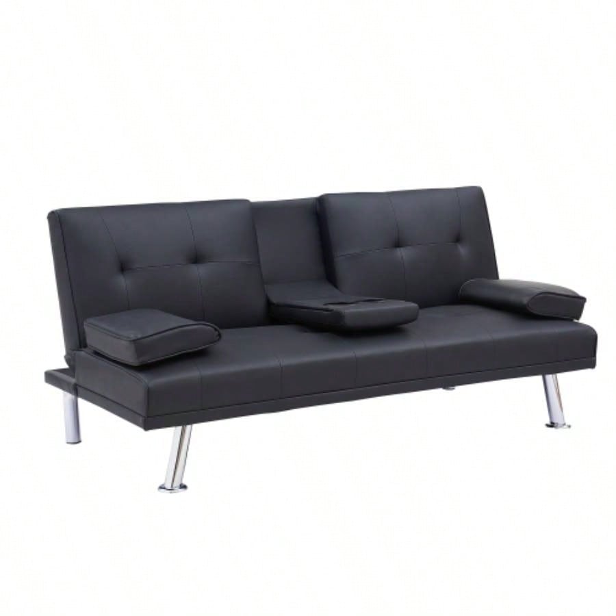 Black Leather Office Double Folding Sofa Bed with Matching Coffee Table, Multifunctional Design
