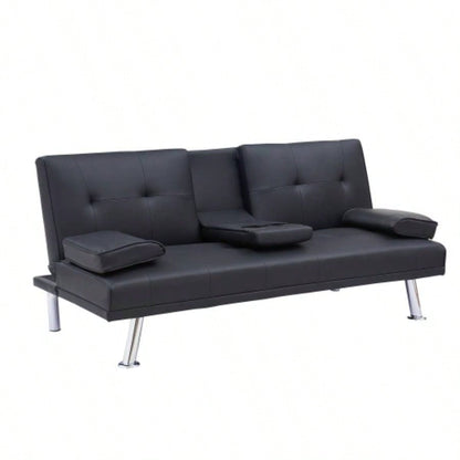Black Leather Office Double Folding Sofa Bed with Matching Coffee Table, Multifunctional Design