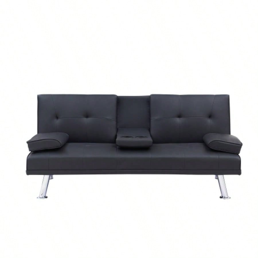 Black Leather Office Double Folding Sofa Bed with Matching Coffee Table, Multifunctional Design