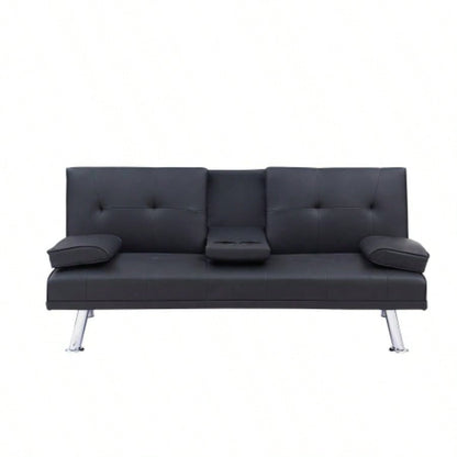 Black Leather Office Double Folding Sofa Bed with Matching Coffee Table, Multifunctional Design