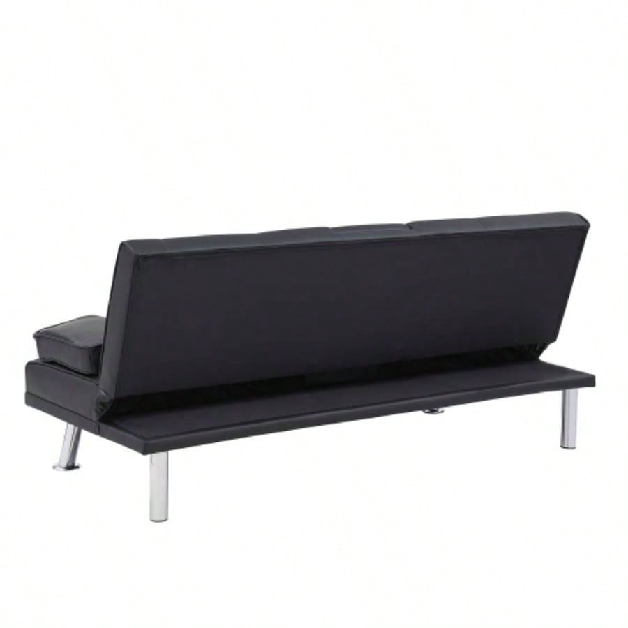 Black Leather Office Double Folding Sofa Bed with Matching Coffee Table, Multifunctional Design