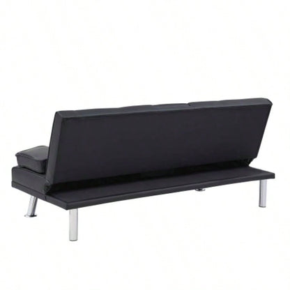 Black Leather Office Double Folding Sofa Bed with Matching Coffee Table, Multifunctional Design