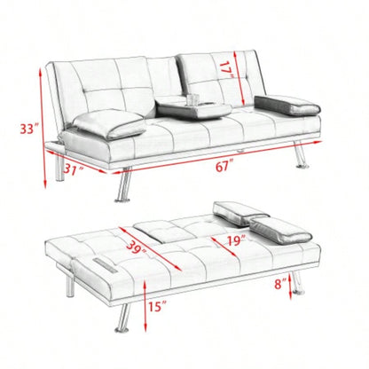 Black Leather Office Double Folding Sofa Bed with Matching Coffee Table, Multifunctional Design