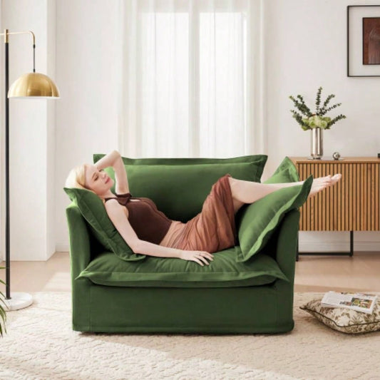 Slip - covered Armchair with 1 Big Back Cushion and 2 Big Toss Pillows, Single Deep Comfy Single Couch Sofa Multiple Large Soft Pillows, Chenille Fabric, Green